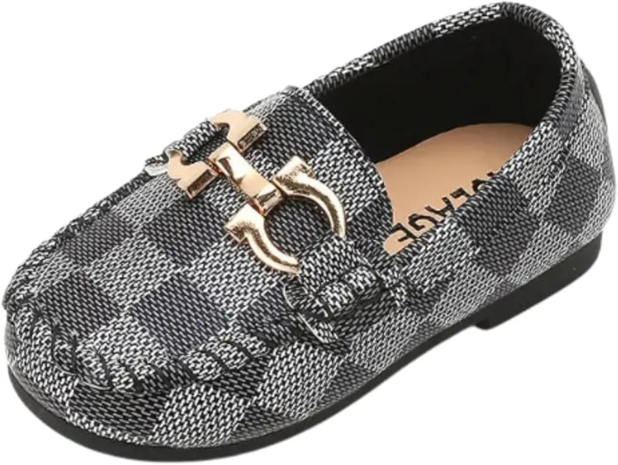 Toddler Boys Dress Shoes Loafers Slip-On Flat Sole | Sizes 6T-3 Big Kids | 3 Colors, Gold Buckle