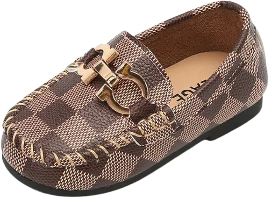 Toddler Boys Dress Shoes Loafers Slip-On Flat Sole | Sizes 6T-3 Big Kids | 3 Colors, Gold Buckle