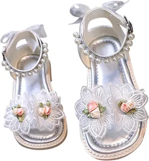 Toddler Girl Sandals, Princess Rubber Flat Wide Shoes, Flower Girl Dress Shoes Open Toe Flats with Pearl and Bow