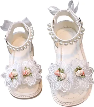 Toddler Girl Sandals, Princess Rubber Flat Wide Shoes, Flower Girl Dress Shoes Open Toe Flats with Pearl and Bow