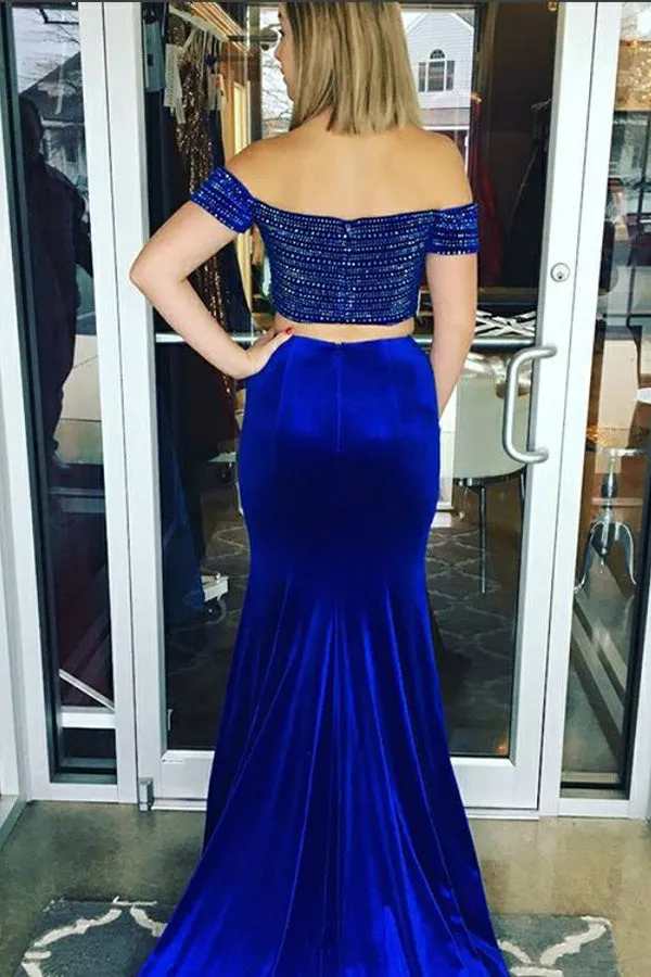 Two Piece Off-the-Shoulder Swewep Train Royal Blue Velvet Prom Dress with Beading LR203
