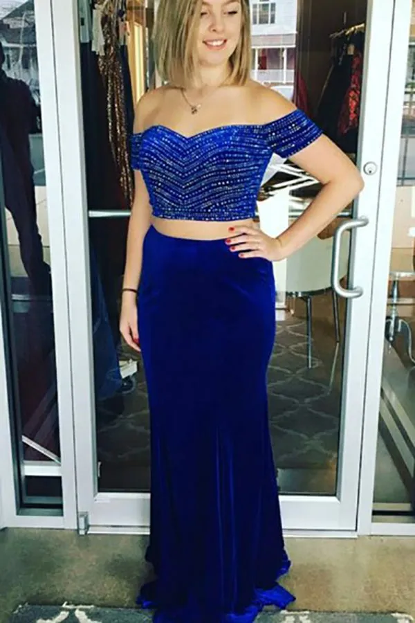 Two Piece Off-the-Shoulder Swewep Train Royal Blue Velvet Prom Dress with Beading LR203