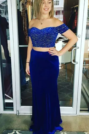 Two Piece Off-the-Shoulder Swewep Train Royal Blue Velvet Prom Dress with Beading LR203