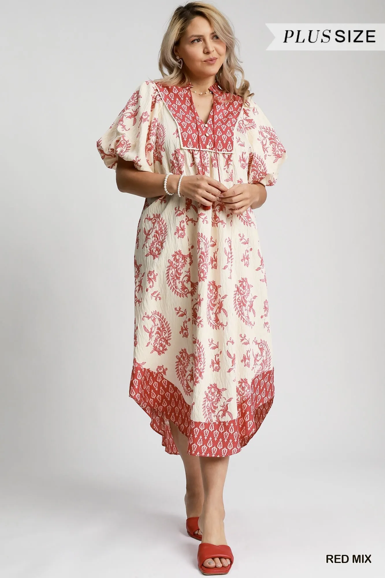 Umgee Mixed Paisley Print Midi Dress Plus  Effortless Boho Style