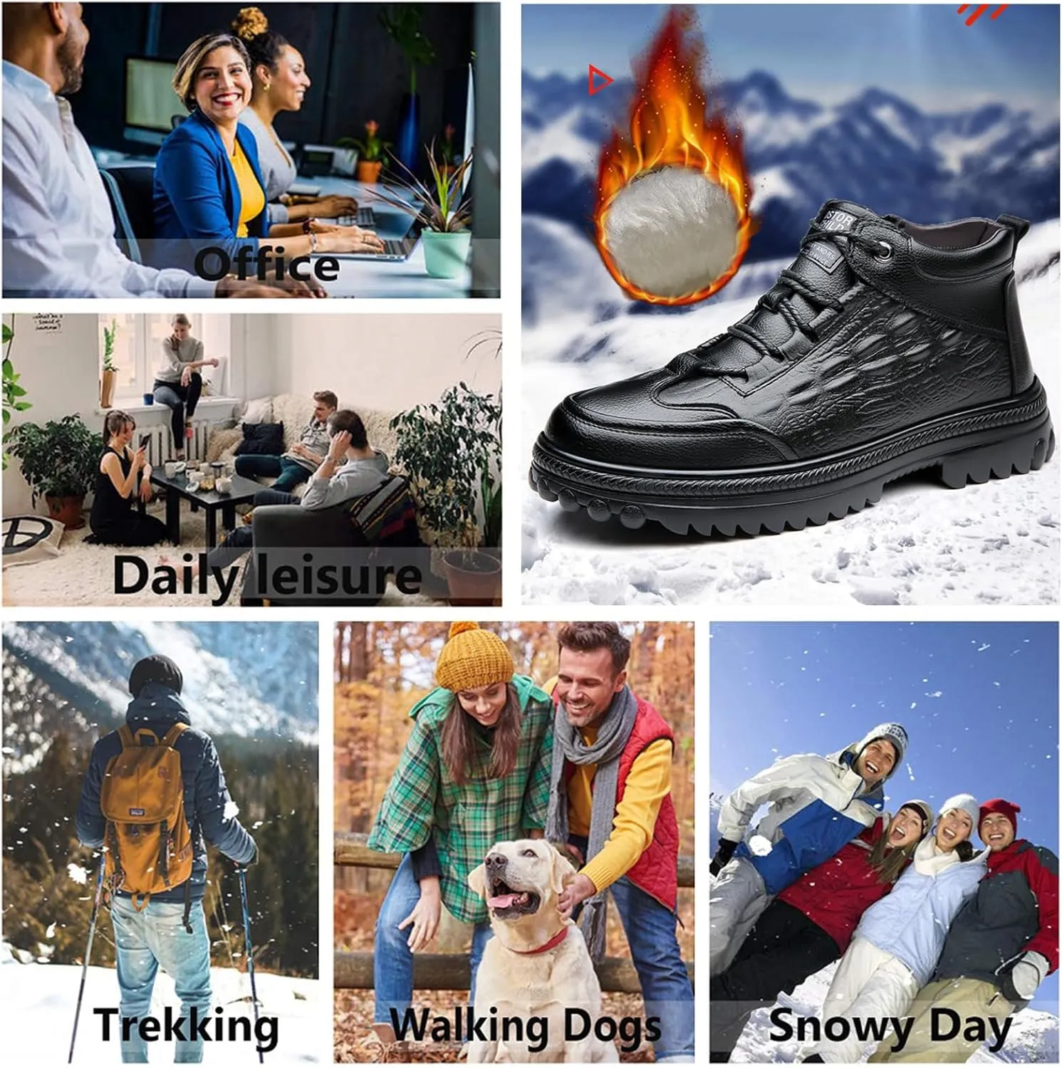 URLECHS Men's Leather Lace Up Platform Chukka Boots Classic Round Toe Side Zipper Ankle Boots Velvet Lining Winter Warm Snow Boots Outdoor Casual Fashion Non-Slip Hiking Boots