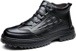 URLECHS Men's Leather Lace Up Platform Chukka Boots Classic Round Toe Side Zipper Ankle Boots Velvet Lining Winter Warm Snow Boots Outdoor Casual Fashion Non-Slip Hiking Boots