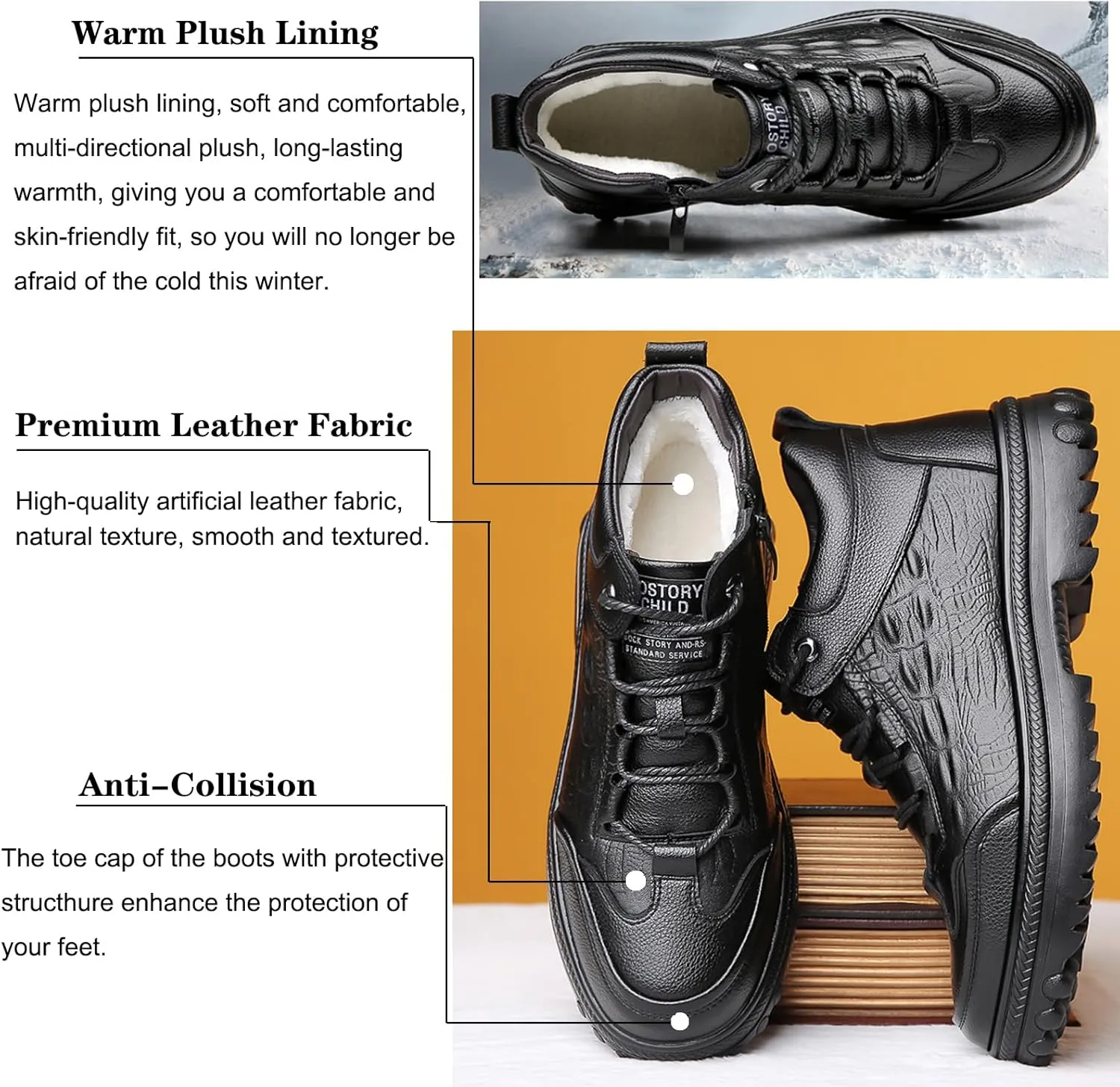 URLECHS Men's Leather Lace Up Platform Chukka Boots Classic Round Toe Side Zipper Ankle Boots Velvet Lining Winter Warm Snow Boots Outdoor Casual Fashion Non-Slip Hiking Boots