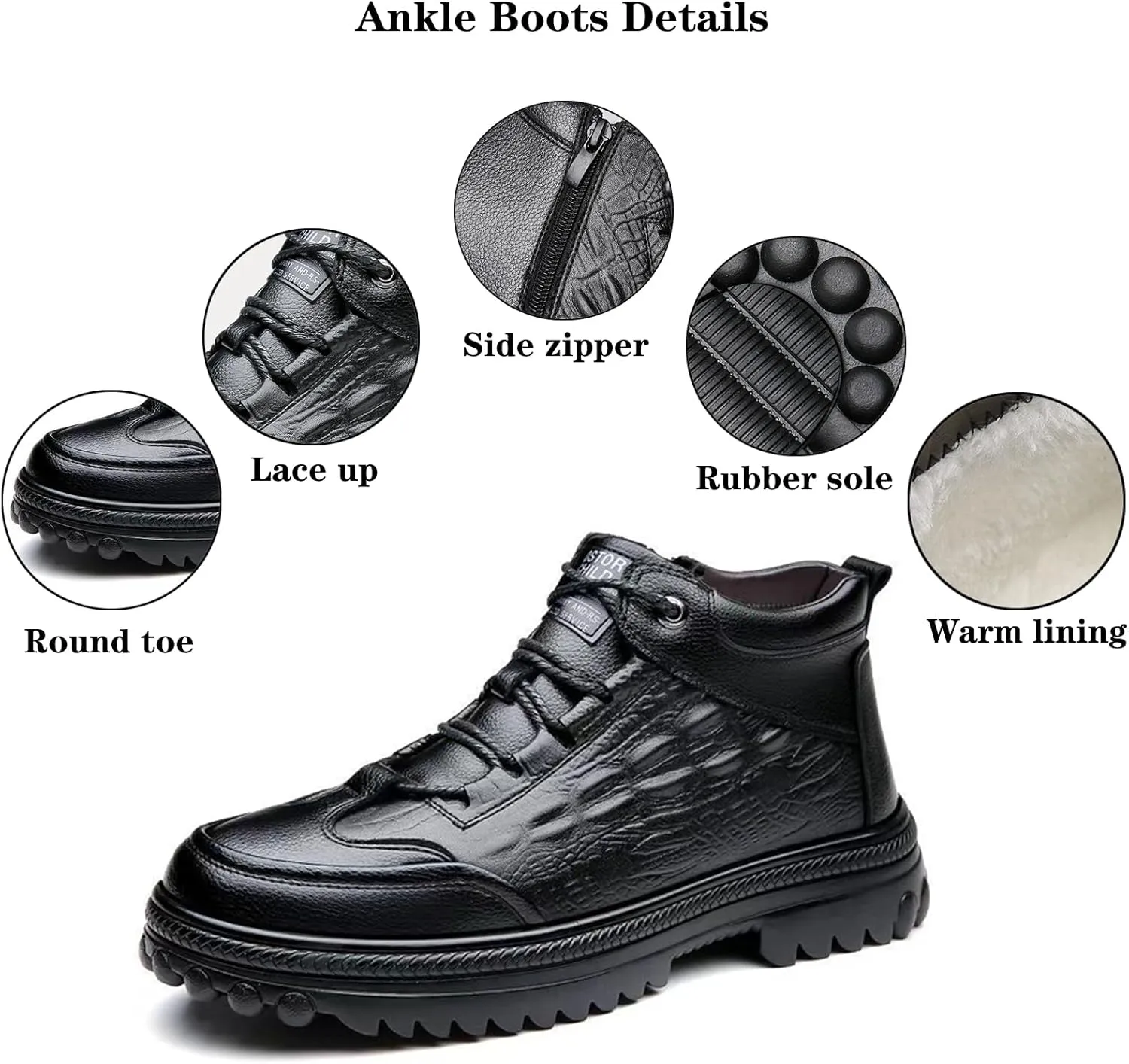 URLECHS Men's Leather Lace Up Platform Chukka Boots Classic Round Toe Side Zipper Ankle Boots Velvet Lining Winter Warm Snow Boots Outdoor Casual Fashion Non-Slip Hiking Boots