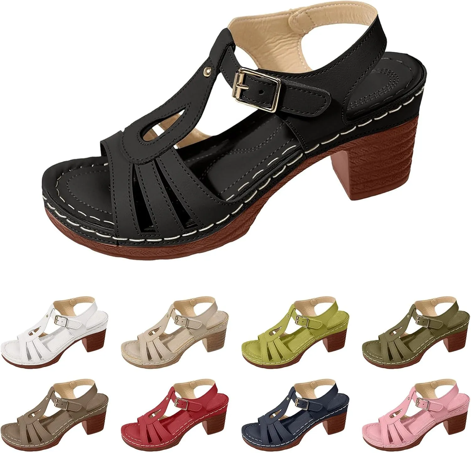 Wedges Sandals for Women Dressy 2025 Open Toe Chunky Heeled Slip on Summer Beach Comfortable Summer Fishmouth Thick Heel Buckle with High-Heeled Sandals Outdoor Shoes
