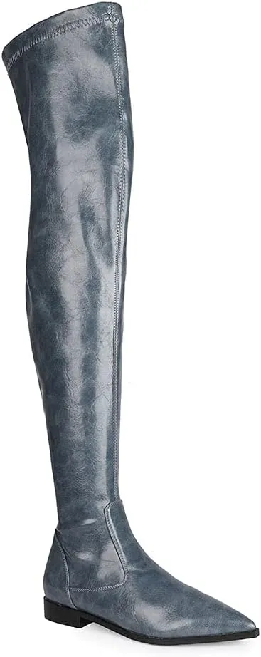 Women Patent Leather Flat Over the Knee Boots Pointed Toe Side Zipper Thigh High Low Heel Boot