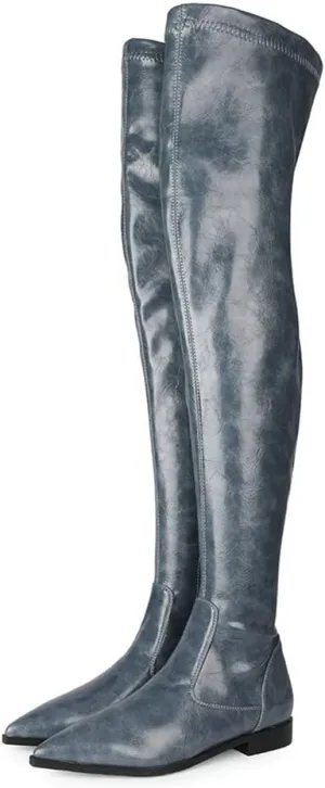 Women Patent Leather Flat Over the Knee Boots Pointed Toe Side Zipper Thigh High Low Heel Boot