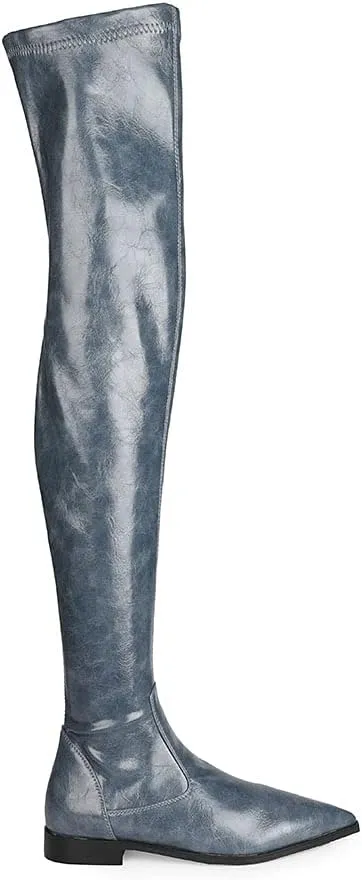 Women Patent Leather Flat Over the Knee Boots Pointed Toe Side Zipper Thigh High Low Heel Boot