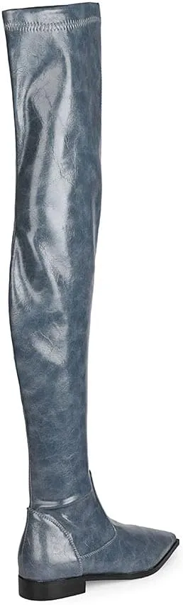Women Patent Leather Flat Over the Knee Boots Pointed Toe Side Zipper Thigh High Low Heel Boot
