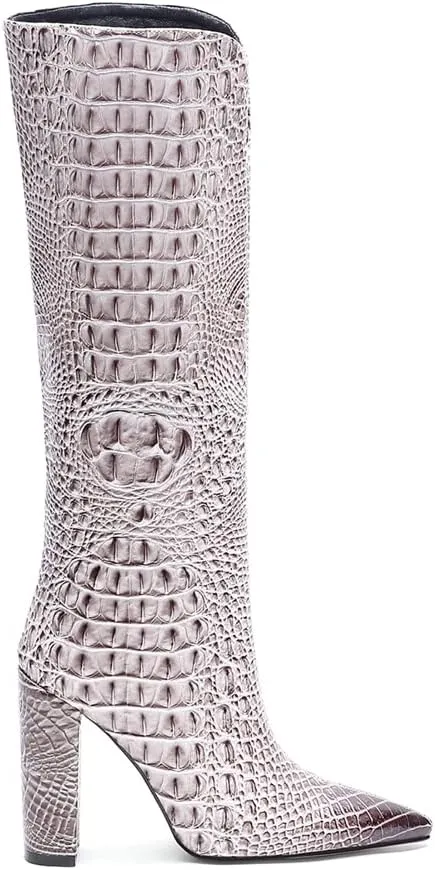 Women Pointed Toe Embossed Knee High Boots Block Heel Western Boot Thigh High Chunky Heel Shoes