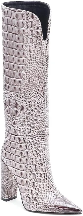 Women Pointed Toe Embossed Knee High Boots Block Heel Western Boot Thigh High Chunky Heel Shoes
