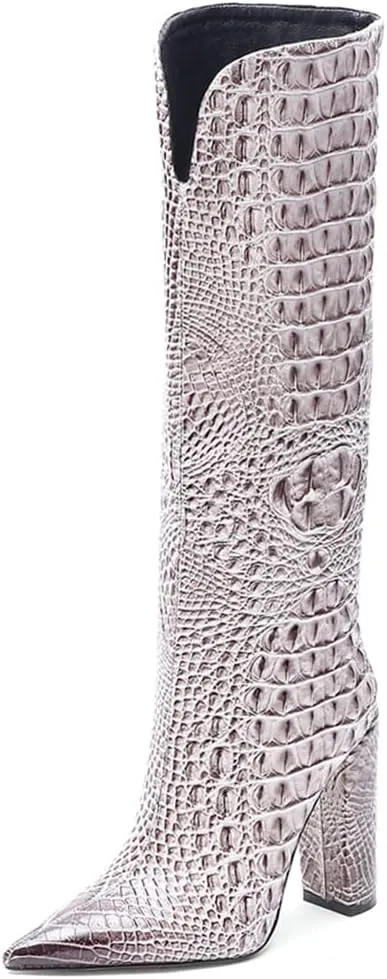 Women Pointed Toe Embossed Knee High Boots Block Heel Western Boot Thigh High Chunky Heel Shoes