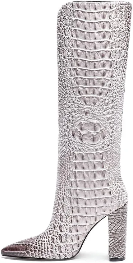 Women Pointed Toe Embossed Knee High Boots Block Heel Western Boot Thigh High Chunky Heel Shoes
