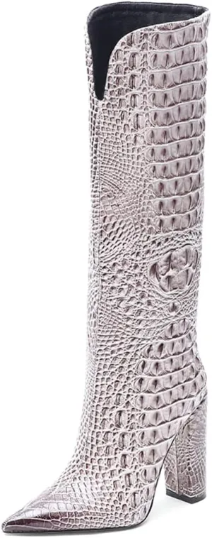 Women Pointed Toe Embossed Knee High Boots Block Heel Western Boot Thigh High Chunky Heel Shoes