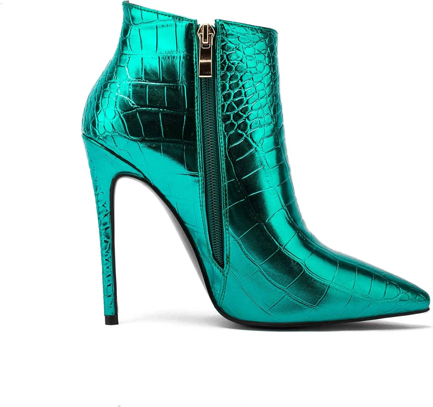 Women Vintage Pointed Toe High Heel Ankle Booties Metal Mirror Vegan Leather Stiletto Side Zip Boots