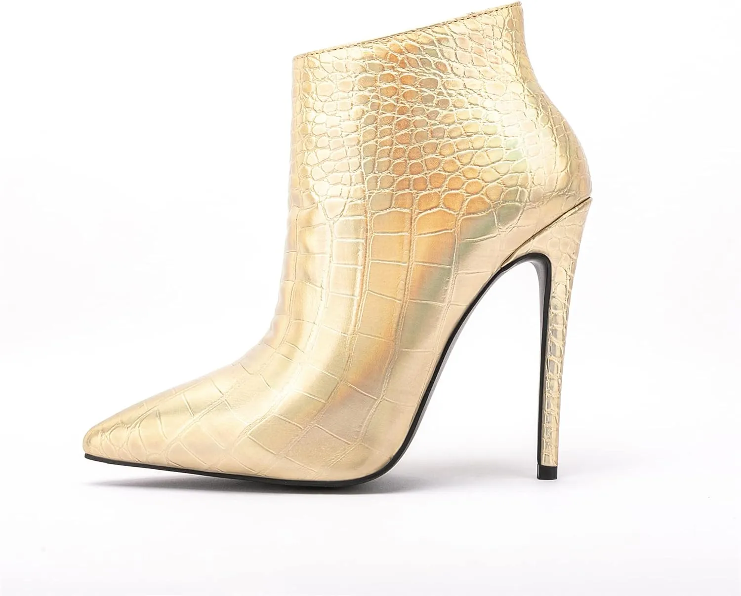 Women Vintage Pointed Toe High Heel Ankle Booties Metal Mirror Vegan Leather Stiletto Side Zip Boots