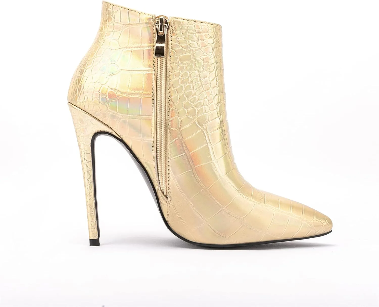 Women Vintage Pointed Toe High Heel Ankle Booties Metal Mirror Vegan Leather Stiletto Side Zip Boots