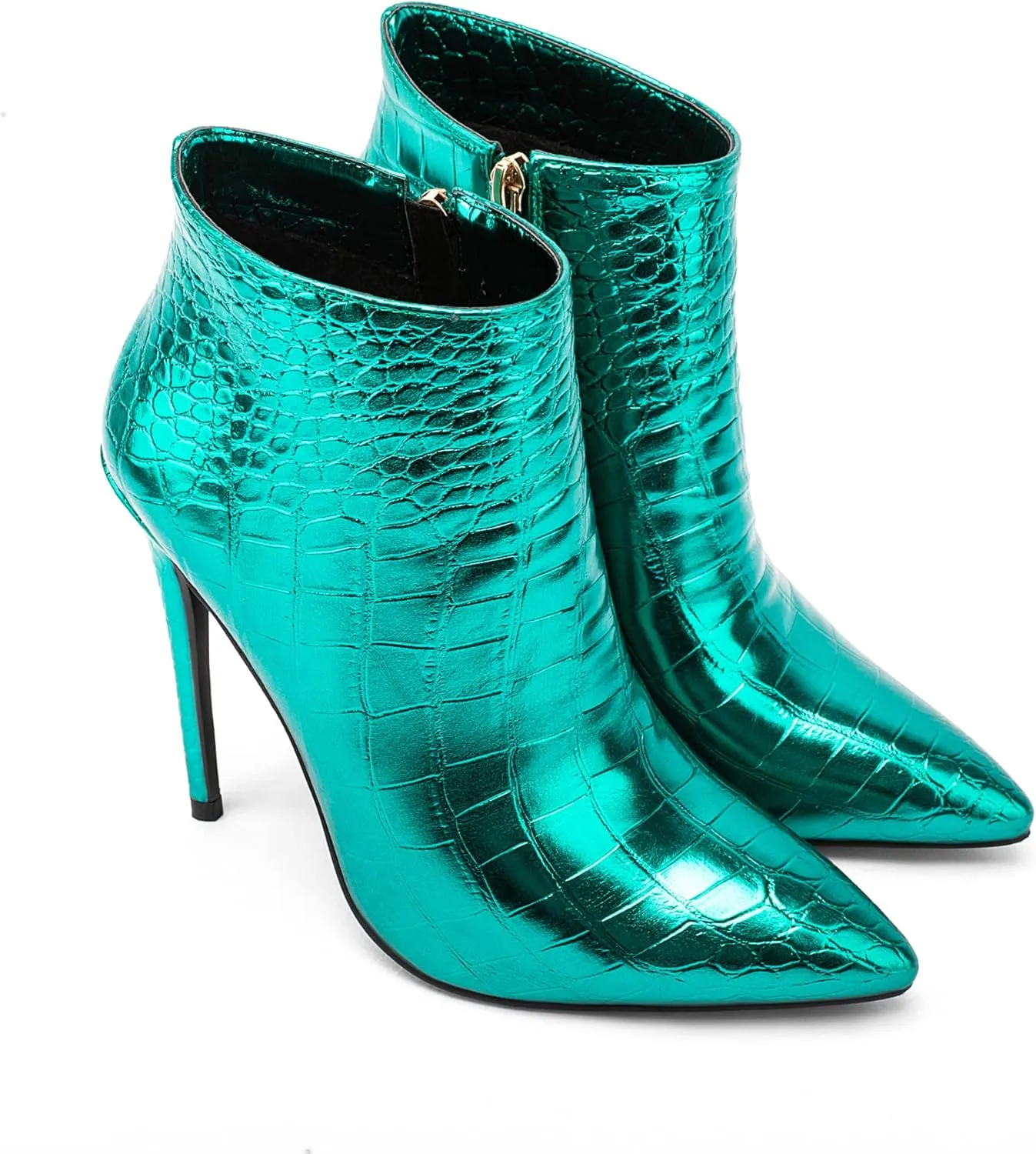 Women Vintage Pointed Toe High Heel Ankle Booties Metal Mirror Vegan Leather Stiletto Side Zip Boots