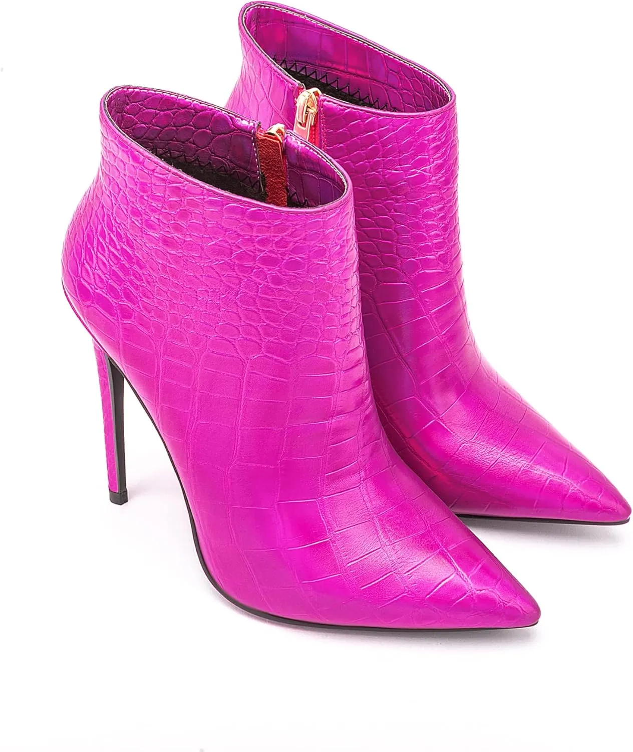 Women Vintage Pointed Toe High Heel Ankle Booties Metal Mirror Vegan Leather Stiletto Side Zip Boots