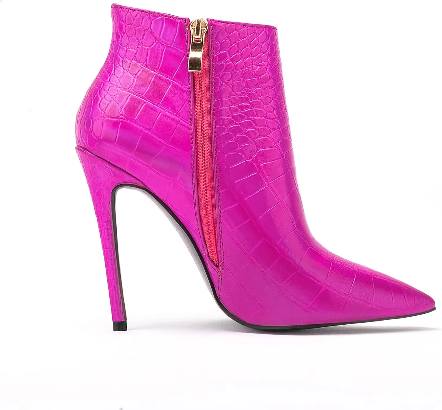 Women Vintage Pointed Toe High Heel Ankle Booties Metal Mirror Vegan Leather Stiletto Side Zip Boots