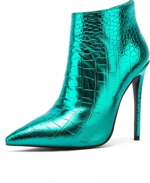 Women Vintage Pointed Toe High Heel Ankle Booties Metal Mirror Vegan Leather Stiletto Side Zip Boots