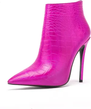 Women Vintage Pointed Toe High Heel Ankle Booties Metal Mirror Vegan Leather Stiletto Side Zip Boots