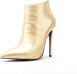 Women Vintage Pointed Toe High Heel Ankle Booties Metal Mirror Vegan Leather Stiletto Side Zip Boots
