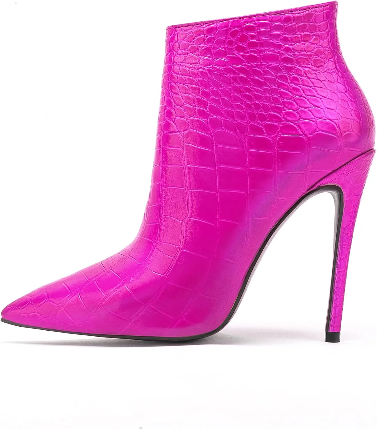 Women Vintage Pointed Toe High Heel Ankle Booties Metal Mirror Vegan Leather Stiletto Side Zip Boots