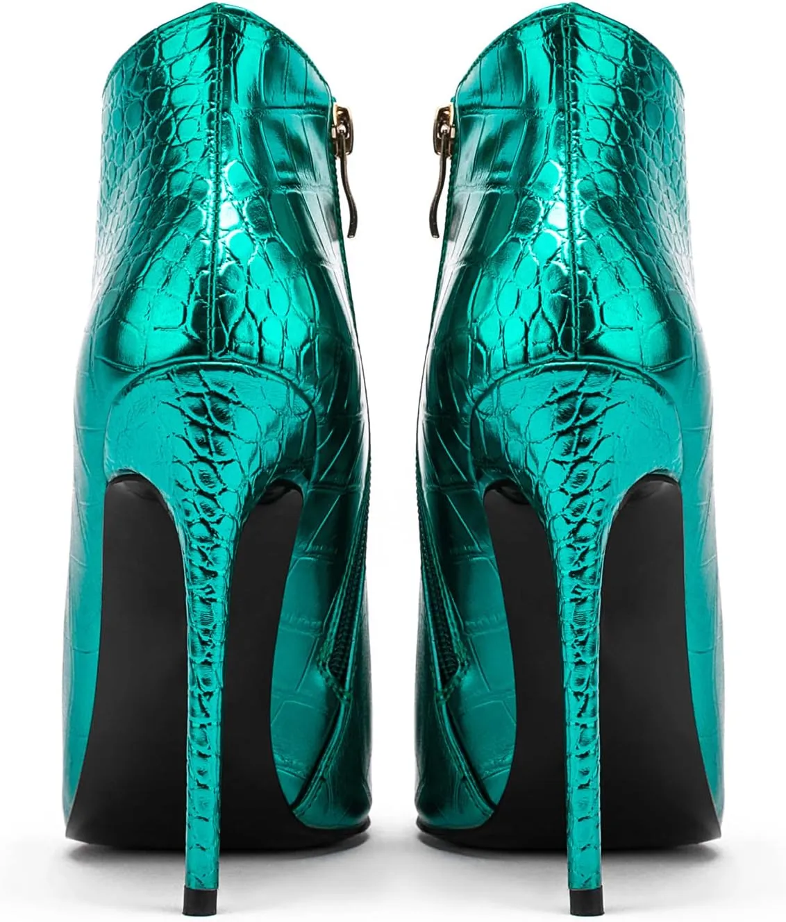 Women Vintage Pointed Toe High Heel Ankle Booties Metal Mirror Vegan Leather Stiletto Side Zip Boots