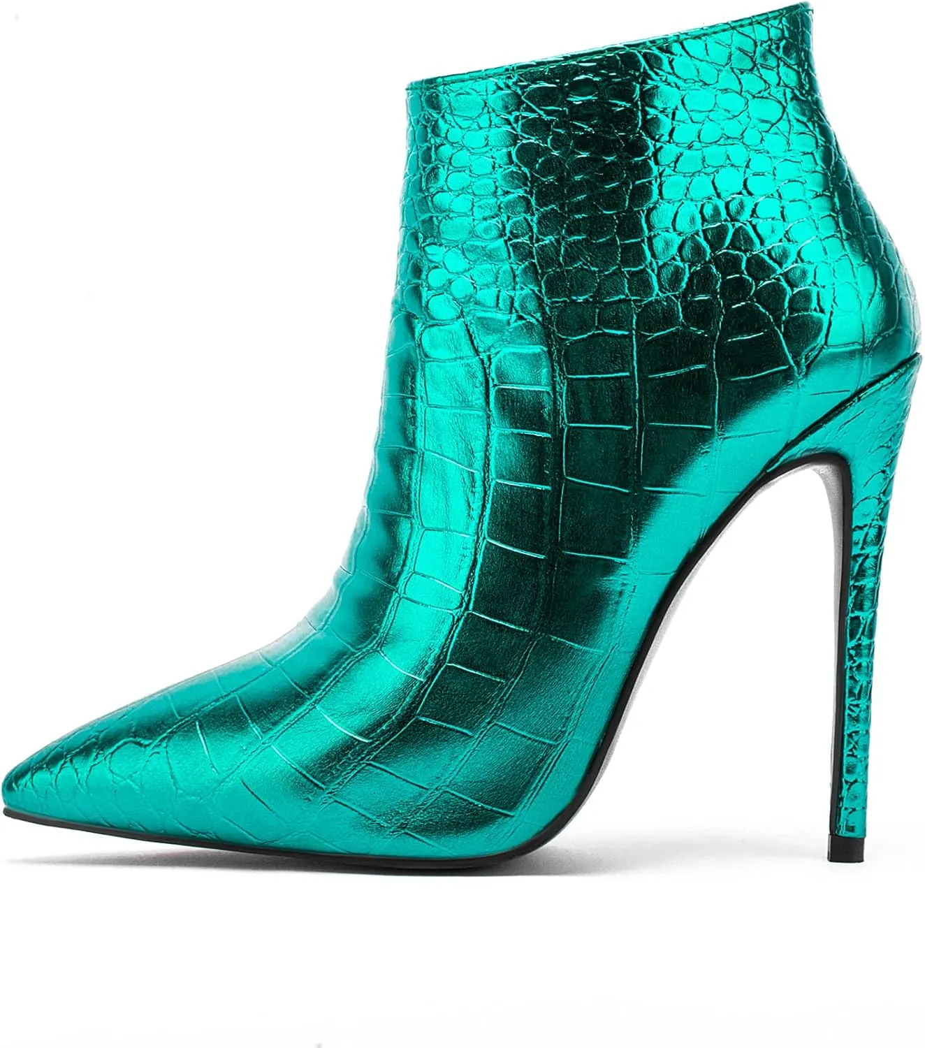 Women Vintage Pointed Toe High Heel Ankle Booties Metal Mirror Vegan Leather Stiletto Side Zip Boots