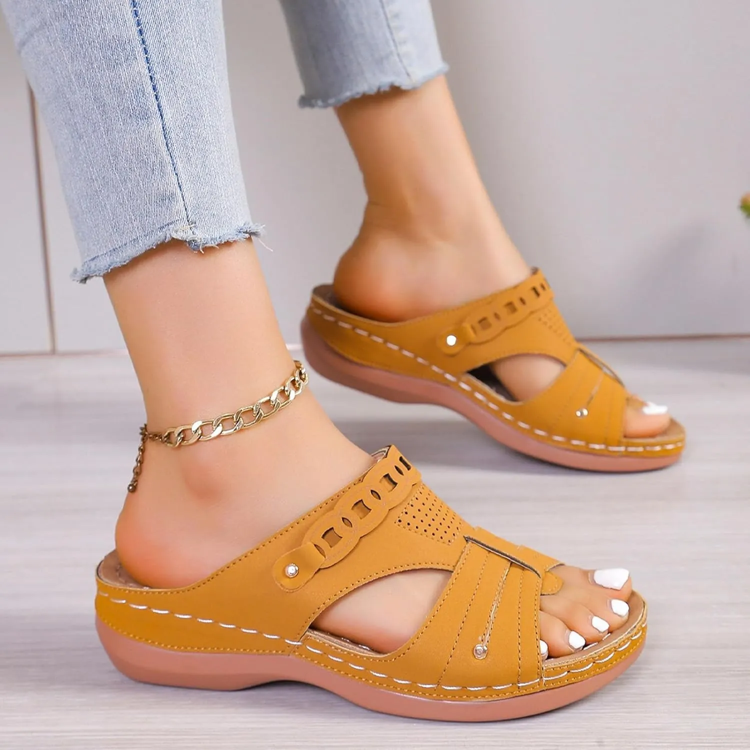 Women Wedge Sandals Dressy Comfortable Open Toe Slip On Platform Sandal Shoes Soft Leather Rubber Sole Summer Casual Walking Sandals