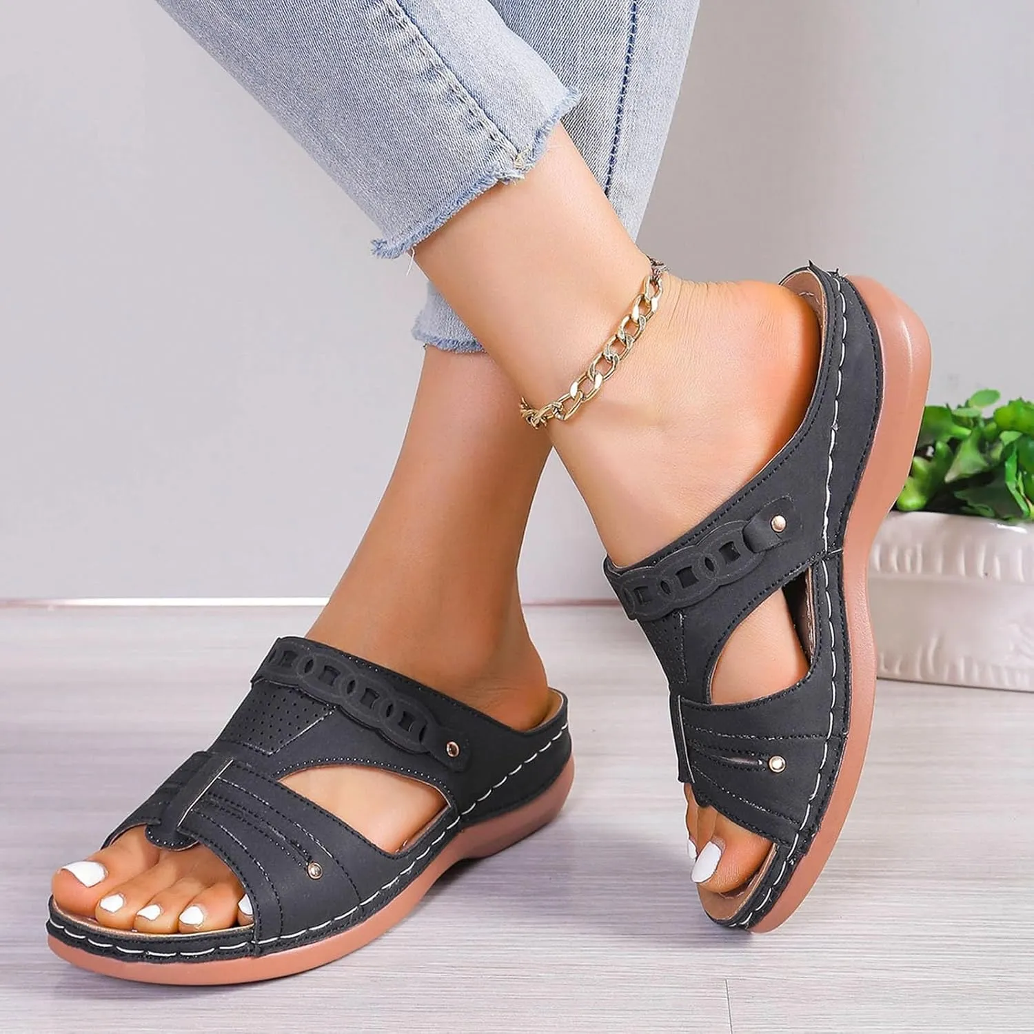 Women Wedge Sandals Dressy Comfortable Open Toe Slip On Platform Sandal Shoes Soft Leather Rubber Sole Summer Casual Walking Sandals