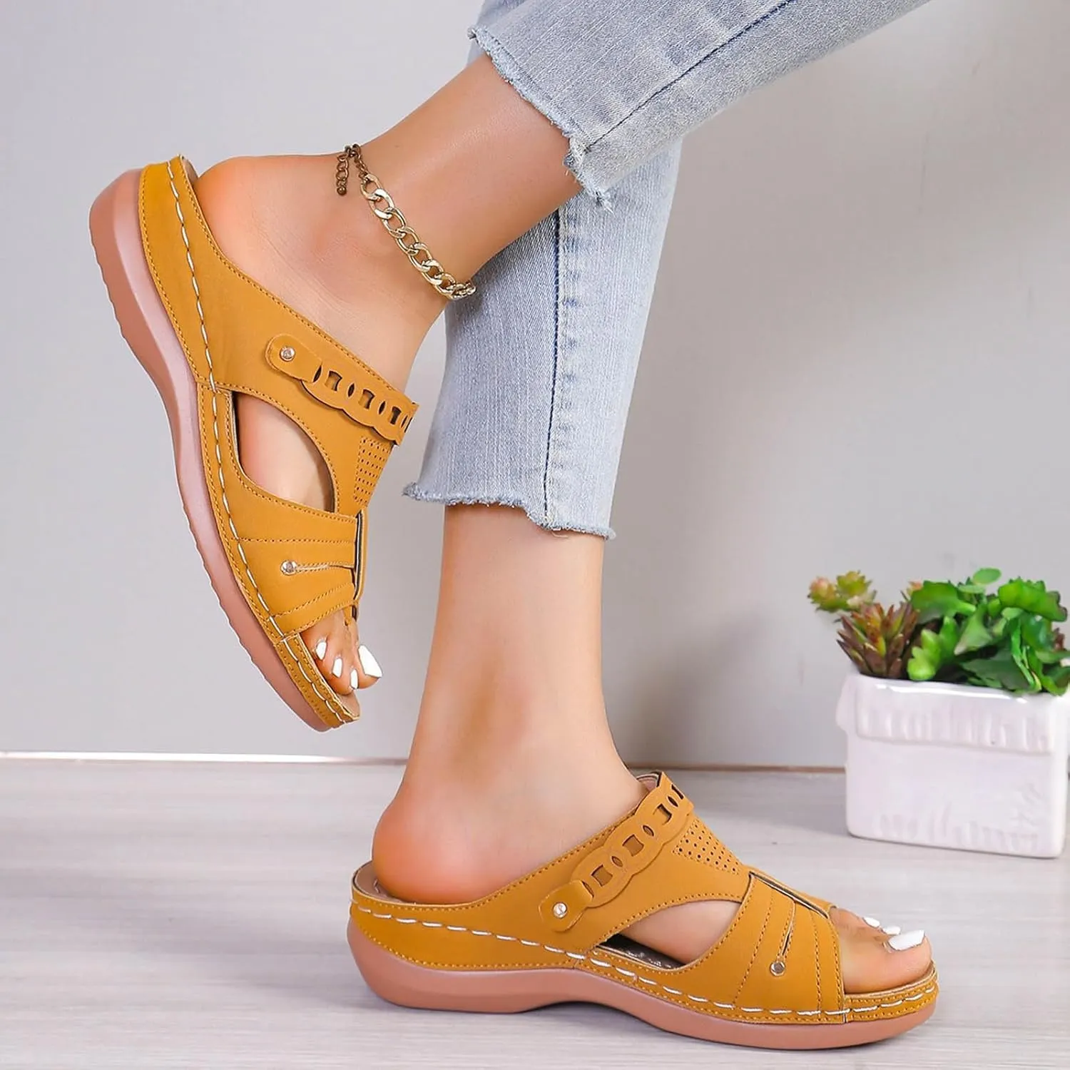 Women Wedge Sandals Dressy Comfortable Open Toe Slip On Platform Sandal Shoes Soft Leather Rubber Sole Summer Casual Walking Sandals