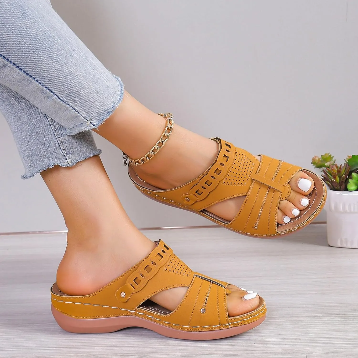Women Wedge Sandals Dressy Comfortable Open Toe Slip On Platform Sandal Shoes Soft Leather Rubber Sole Summer Casual Walking Sandals