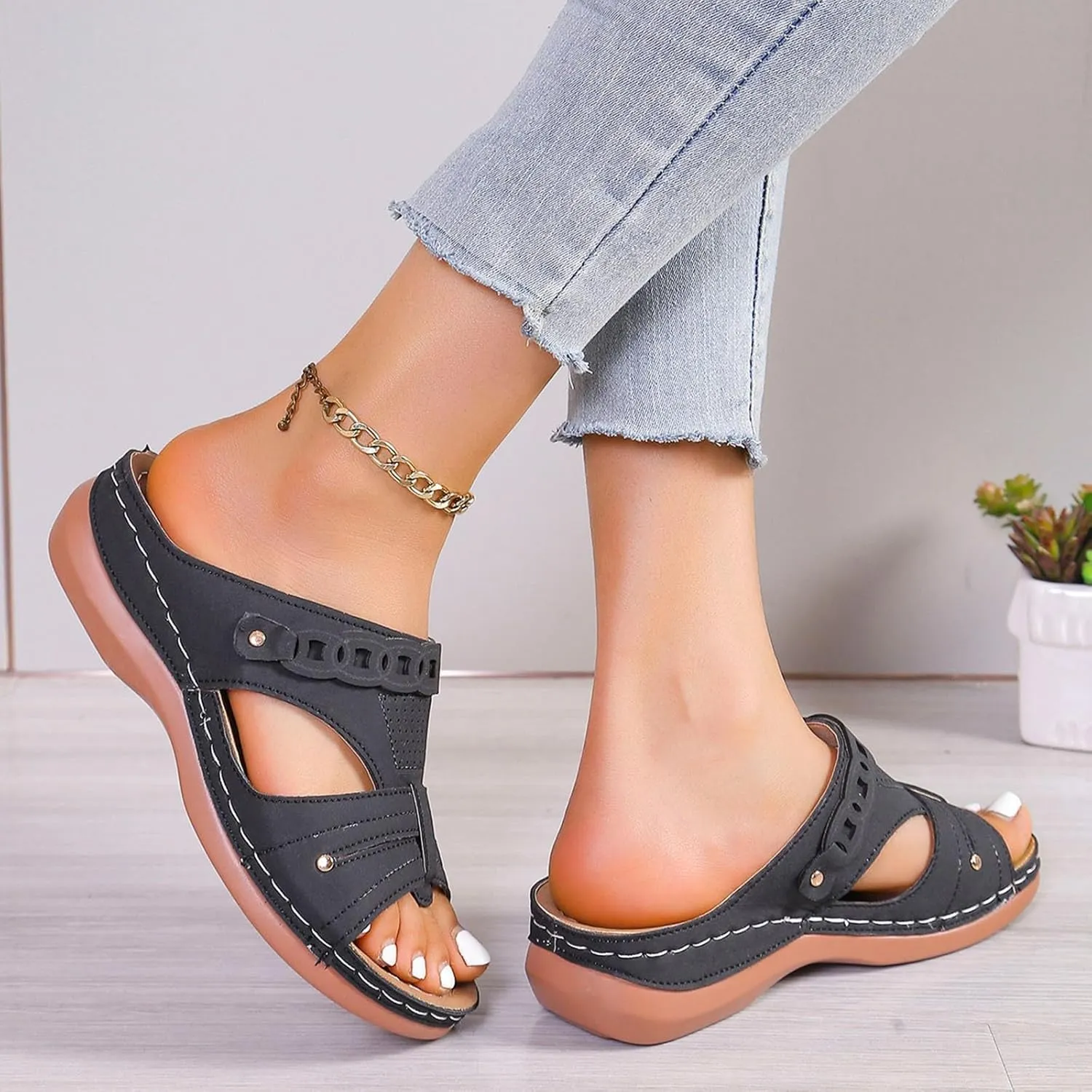 Women Wedge Sandals Dressy Comfortable Open Toe Slip On Platform Sandal Shoes Soft Leather Rubber Sole Summer Casual Walking Sandals