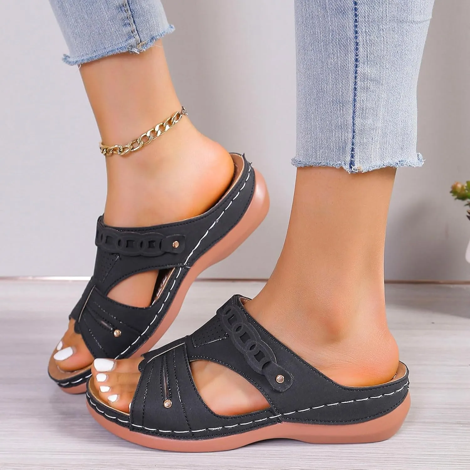 Women Wedge Sandals Dressy Comfortable Open Toe Slip On Platform Sandal Shoes Soft Leather Rubber Sole Summer Casual Walking Sandals