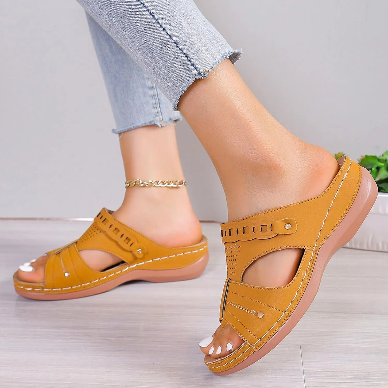 Women Wedge Sandals Dressy Comfortable Open Toe Slip On Platform Sandal Shoes Soft Leather Rubber Sole Summer Casual Walking Sandals