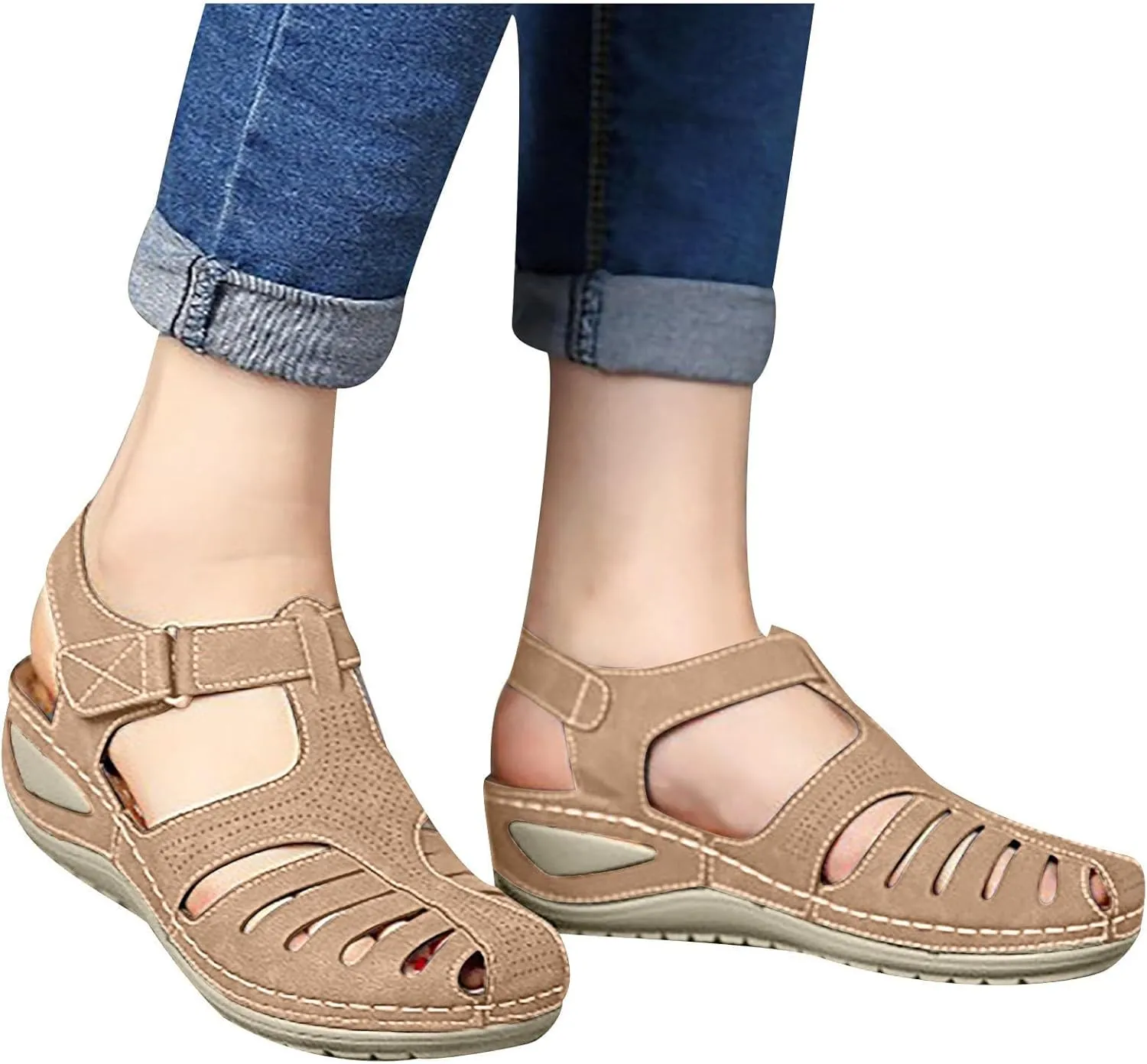 Womens Arch Support Orthopedic Sandals Adjustable Ankle Strap Wedge Sandals Summer Hollow Out Closed Toe Shoes