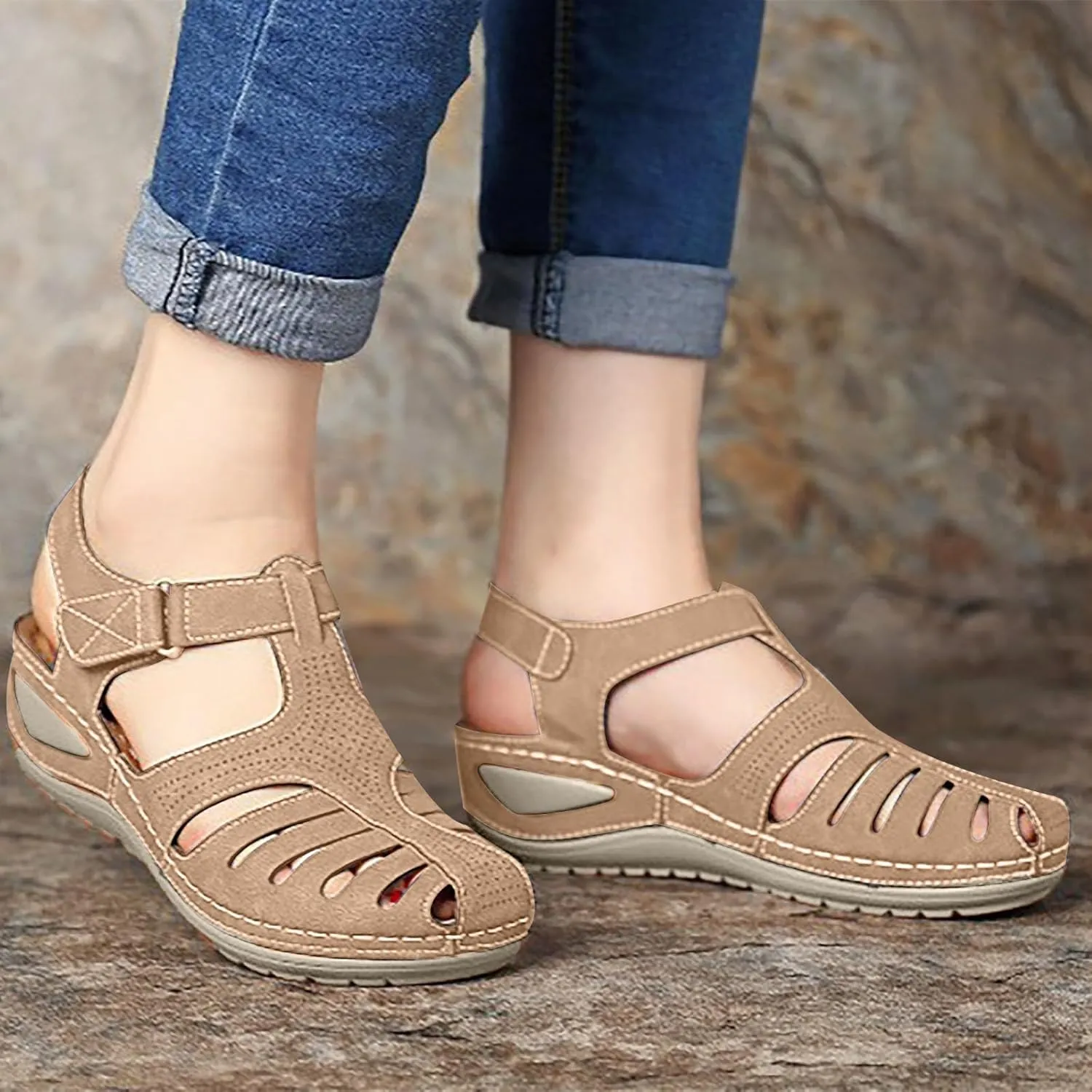 Womens Arch Support Orthopedic Sandals Adjustable Ankle Strap Wedge Sandals Summer Hollow Out Closed Toe Shoes