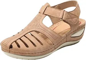 Womens Arch Support Orthopedic Sandals Adjustable Ankle Strap Wedge Sandals Summer Hollow Out Closed Toe Shoes
