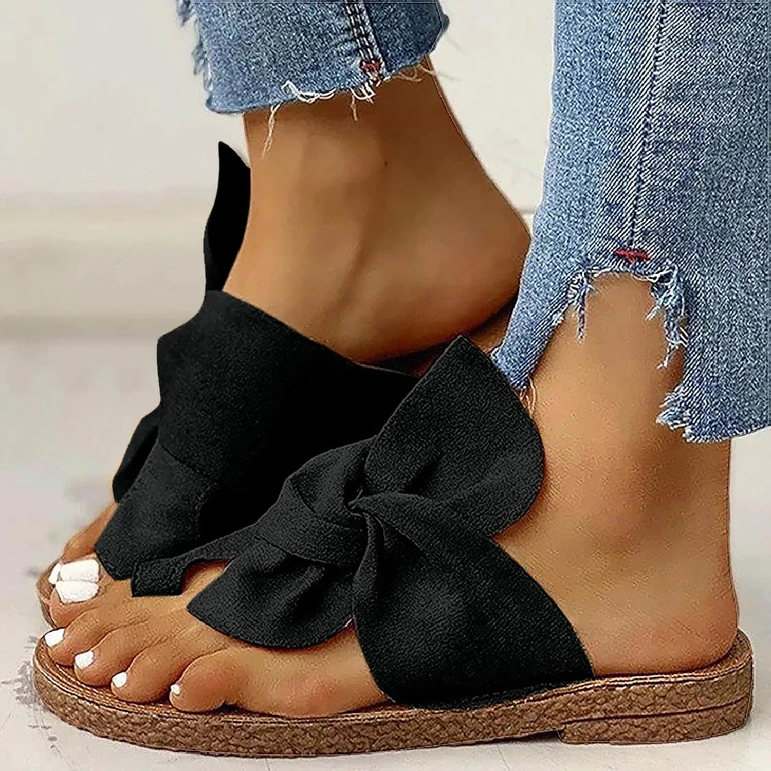 Womens Beach Slides Bow-Knot Comfy Flat Sandals Vacation Slippers Ladies Slip On Slide Shoes