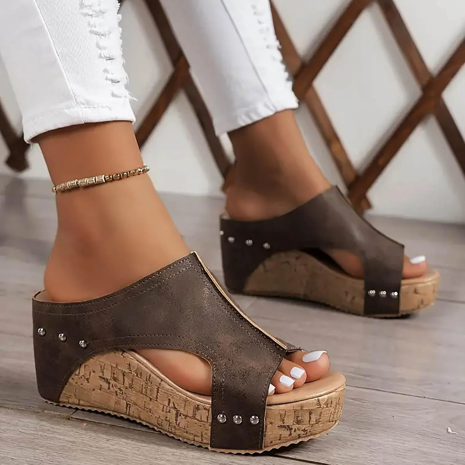 Womens Comfy Wedge Orthopedic Sandals for Women Dressy Summer Platform Cork Women's Wedges Sandal Ankle Strap Ladies Comfortable Strappy Casual Shoes for Daily Wear