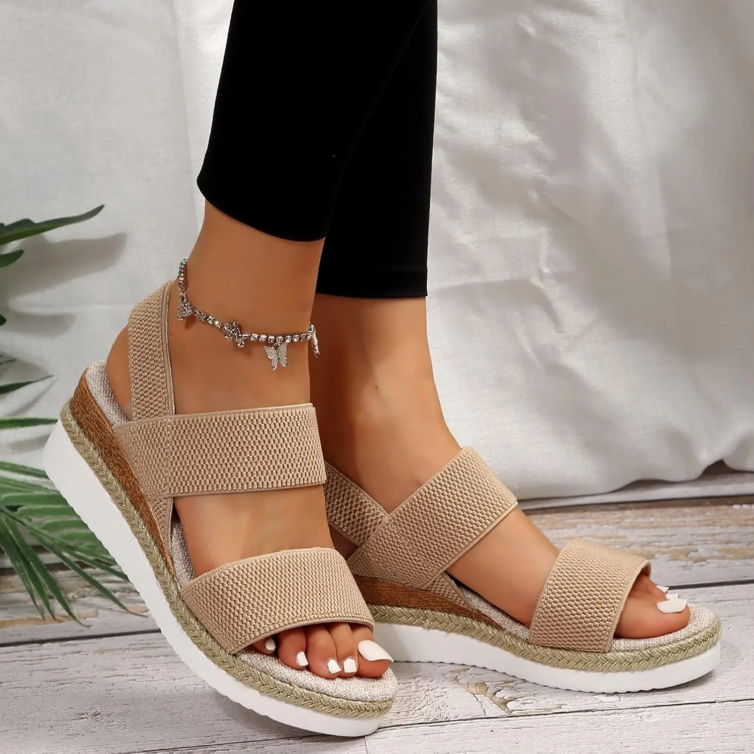 Womens Espadrille Wedge Sandals EVA Sole Platform Sandal Open Toe Ankle Strap Buckle Elastic Summer Comfort Slides Anti-Slip Espadrilles Leather Cork Rubber 2025 Lightweight Flat Shoes