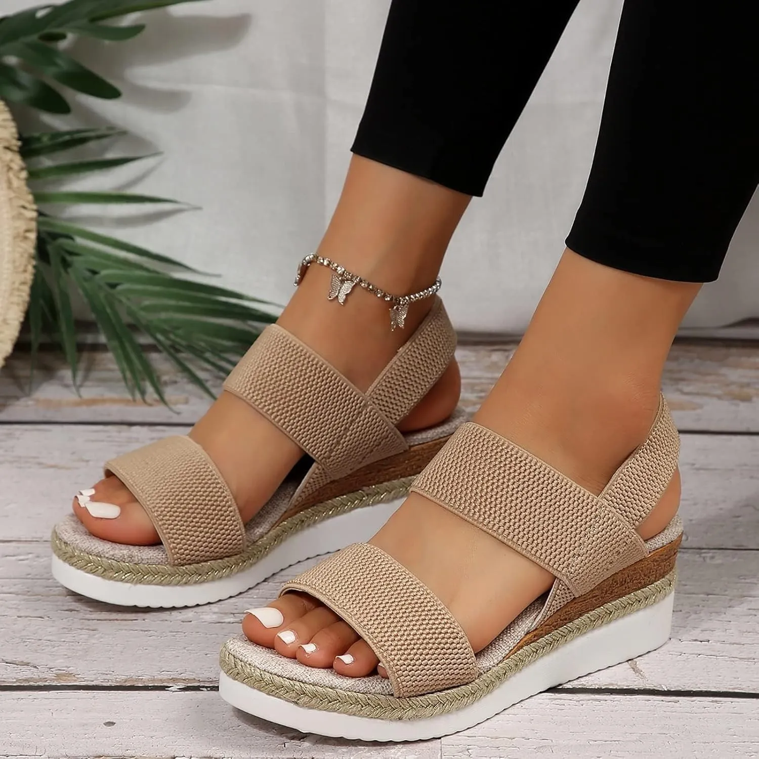 Womens Espadrille Wedge Sandals EVA Sole Platform Sandal Open Toe Ankle Strap Buckle Elastic Summer Comfort Slides Anti-Slip Espadrilles Leather Cork Rubber 2025 Lightweight Flat Shoes