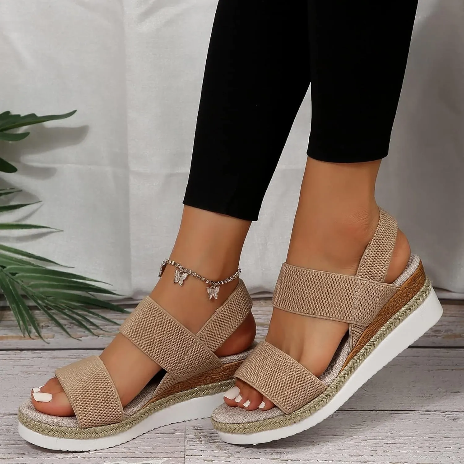 Womens Espadrille Wedge Sandals EVA Sole Platform Sandal Open Toe Ankle Strap Buckle Elastic Summer Comfort Slides Anti-Slip Espadrilles Leather Cork Rubber 2025 Lightweight Flat Shoes