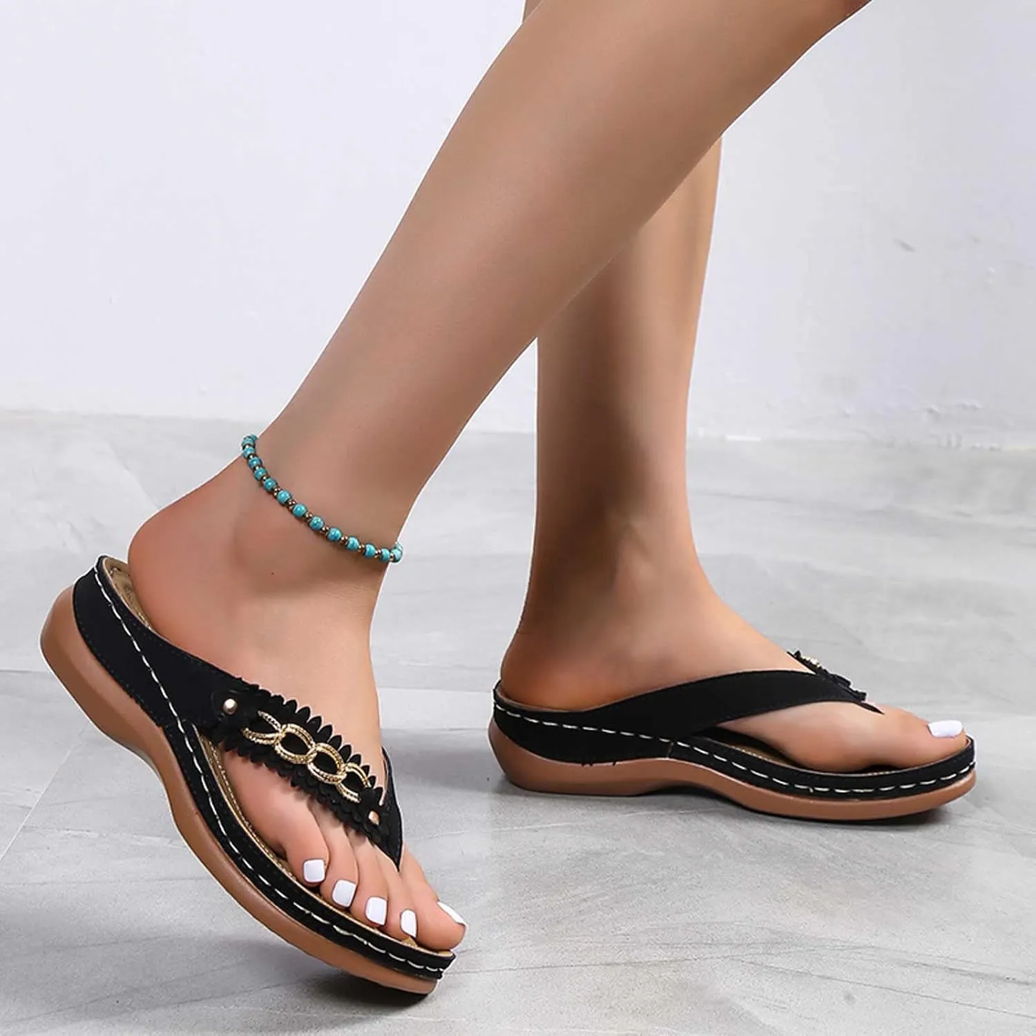 Women's Flip Flops Vintage Slippers Clip-Toe Slides with Arch Support Comfy Anti-Slip Wedge Orthopedic Sandals